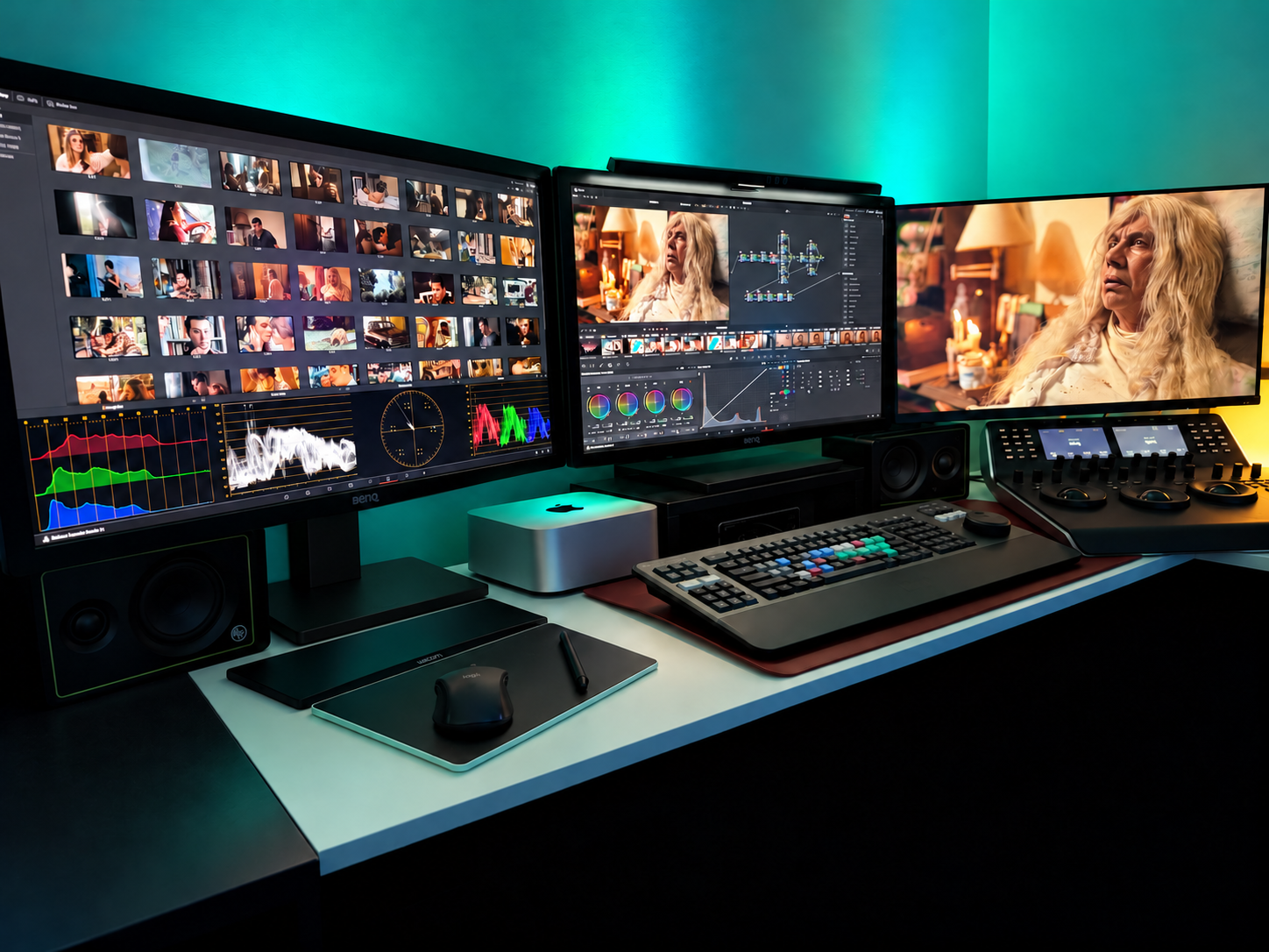 Estudio CineGroup con monitores de corrección de color y panel de control